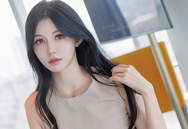 苗条模特泥鳅鳅杏色短裙写真美图