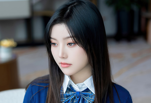 丰腴模特豆瓣酱蓝色格子短裙写真美图