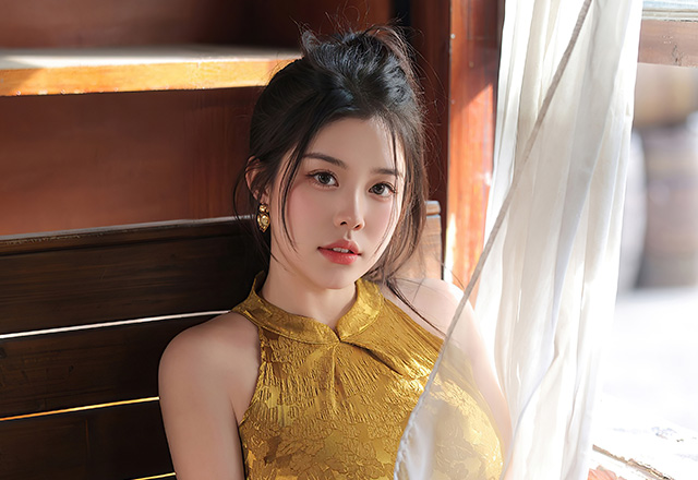 林若凡黄色旗袍写真身材丰腴摄人心魄