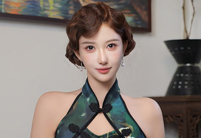 高挑模特金允希绿色旗袍美图性感迷人