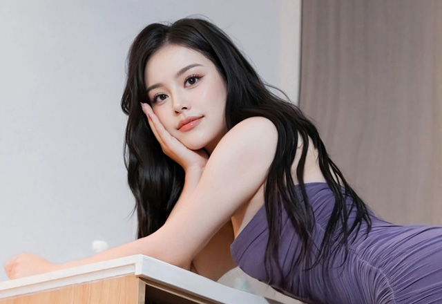 美腿模特小蕊蕊紫色包臀裙写真图