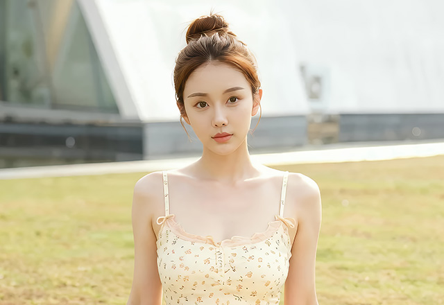 模特一柠碎花吊带裙勾勒出完美身形