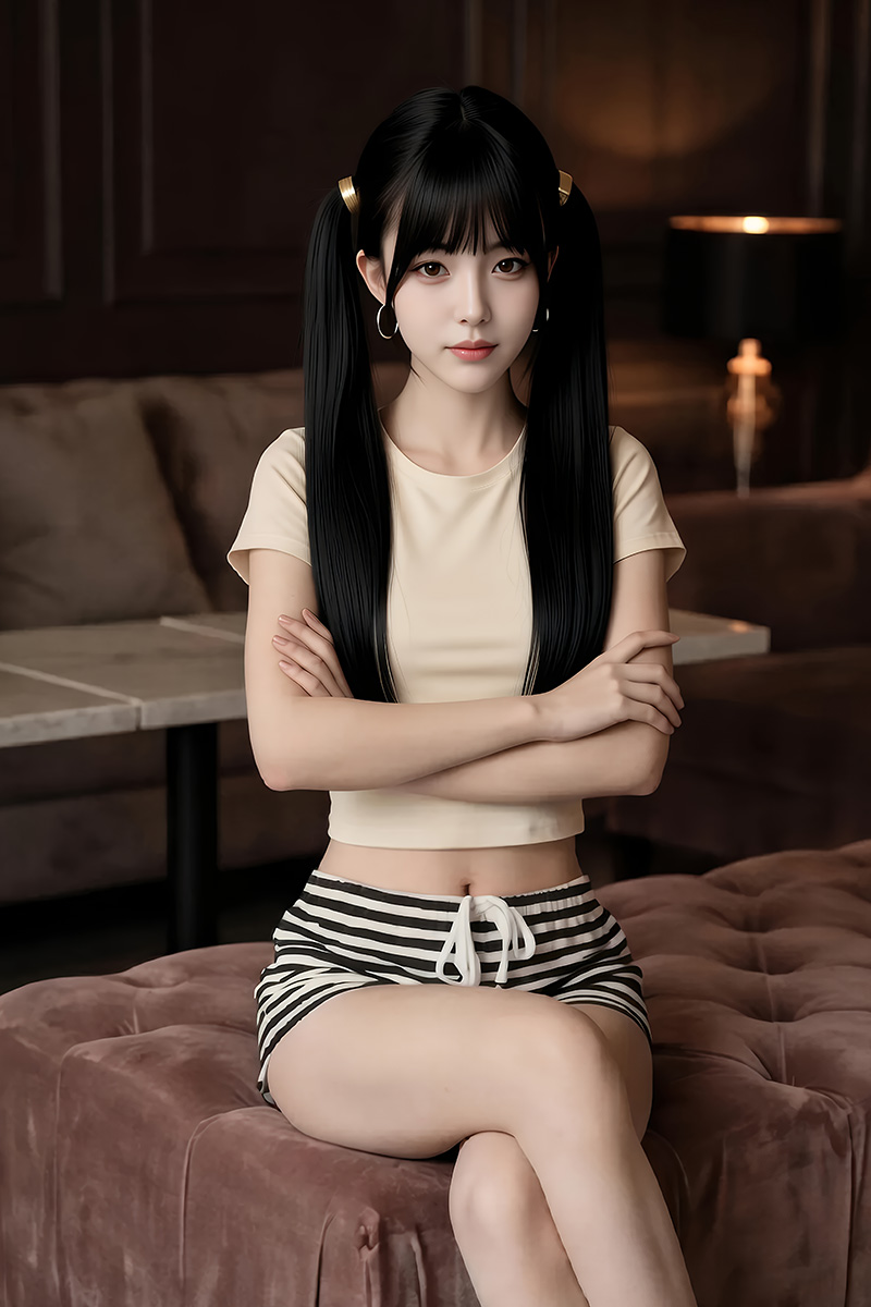 甜美小姐姐黎柚柚黑白条纹短裤美图