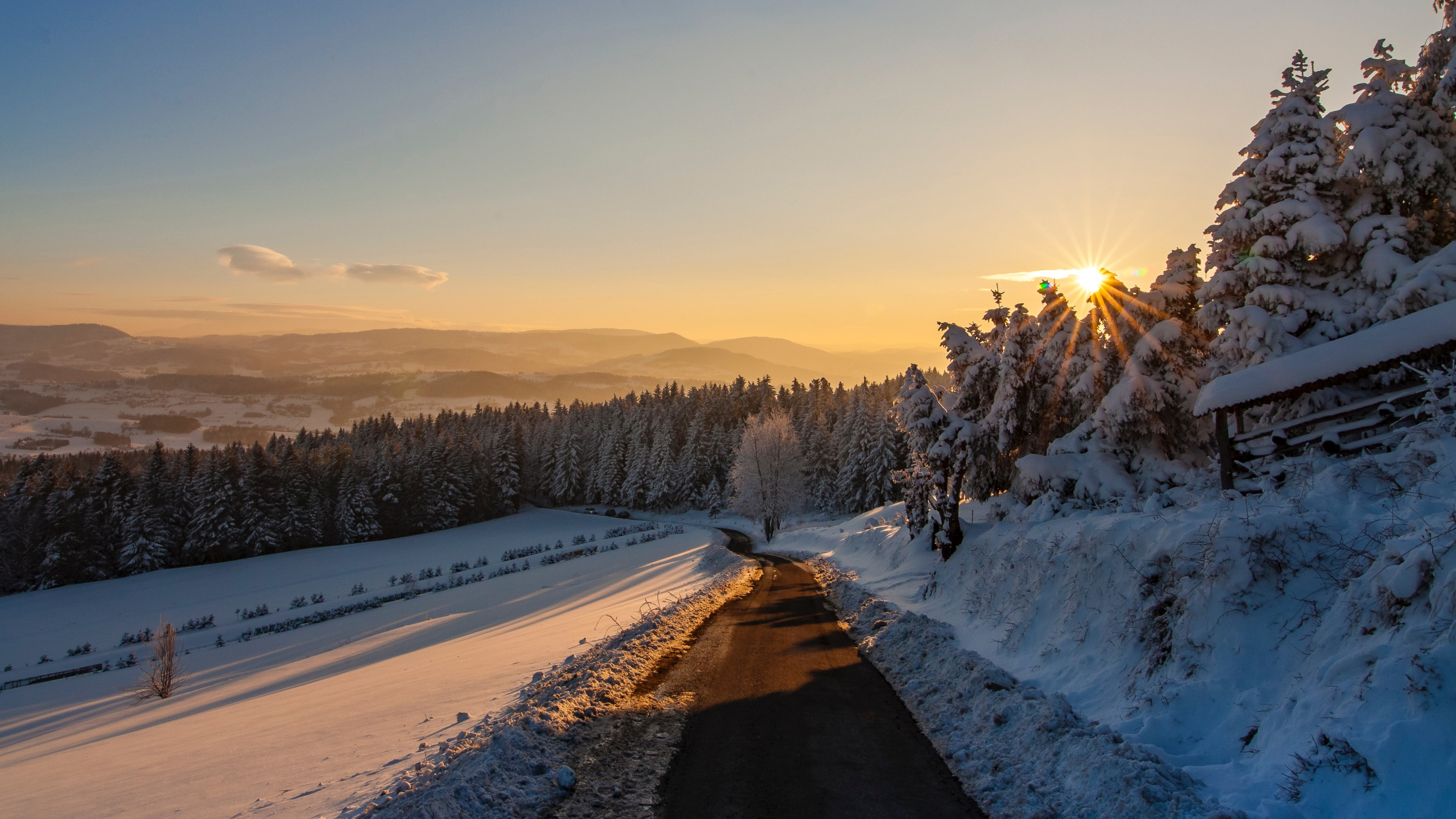 晨光下的雪景小路