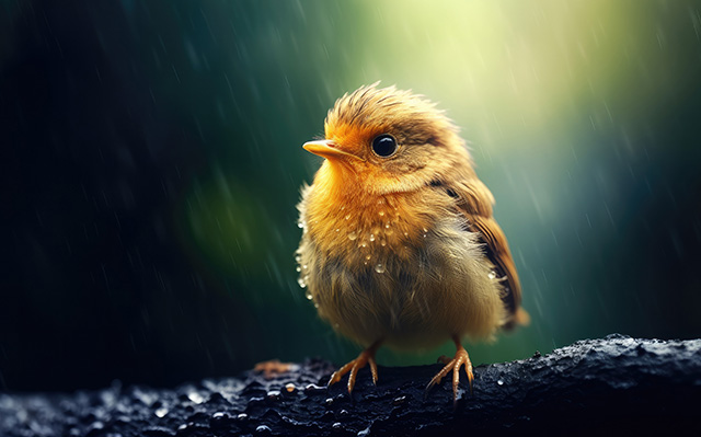 阴雨下的可爱黄色小鸟